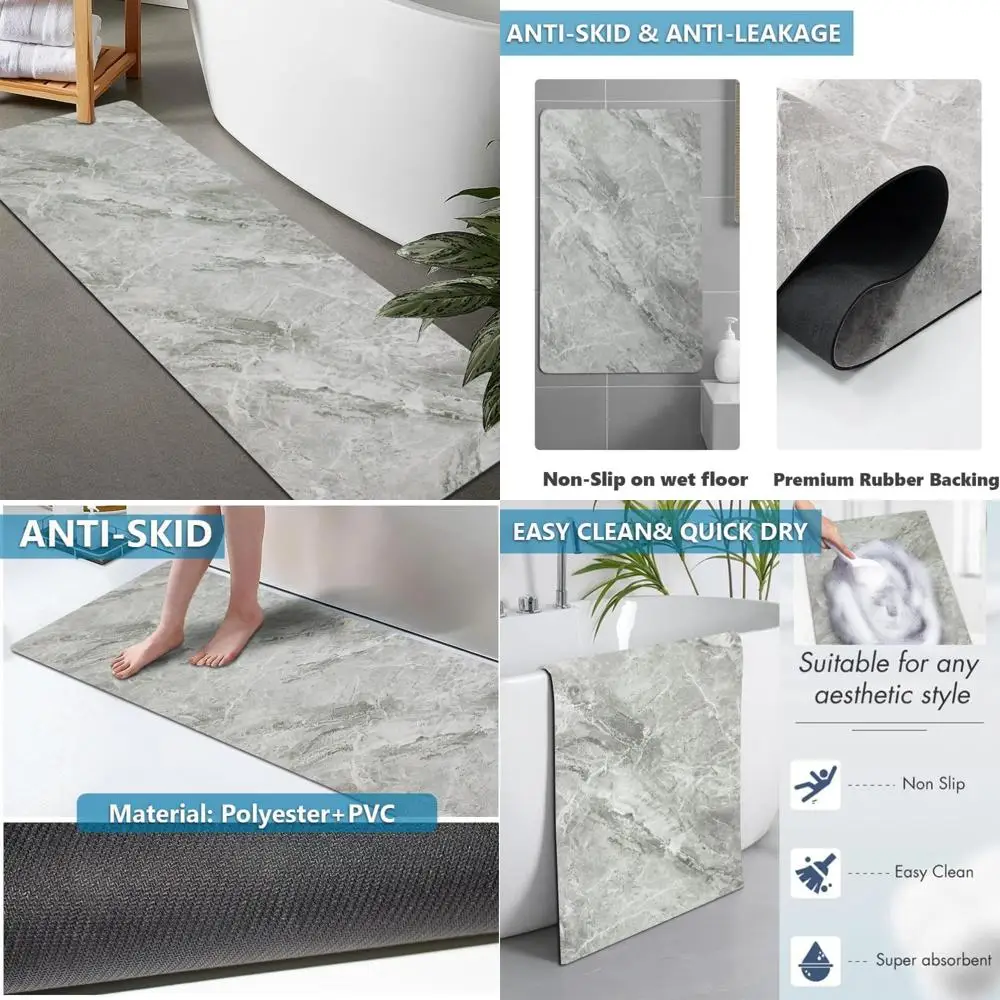 

custom-sized rubber non-slip, quick-dry, super absorbent thin bath rugs - washable mats for bathroom floors