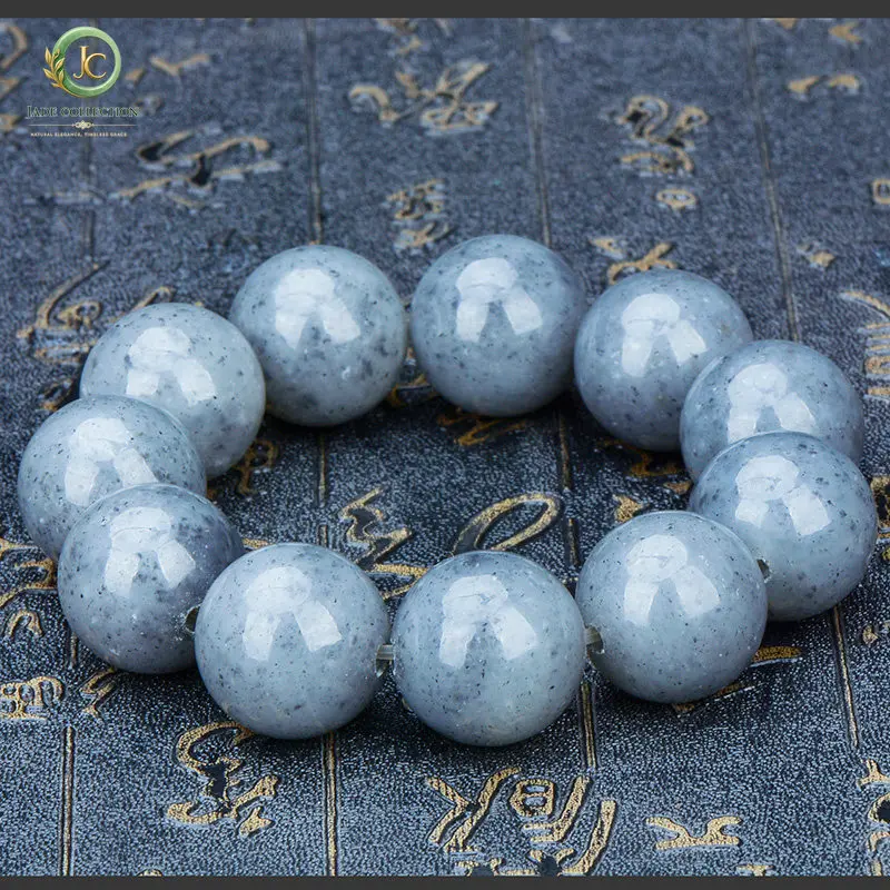 Hetian jade seed material Russian blue and white bracelet large 20mm round bead bracelet, men's and women's jade bracelet.