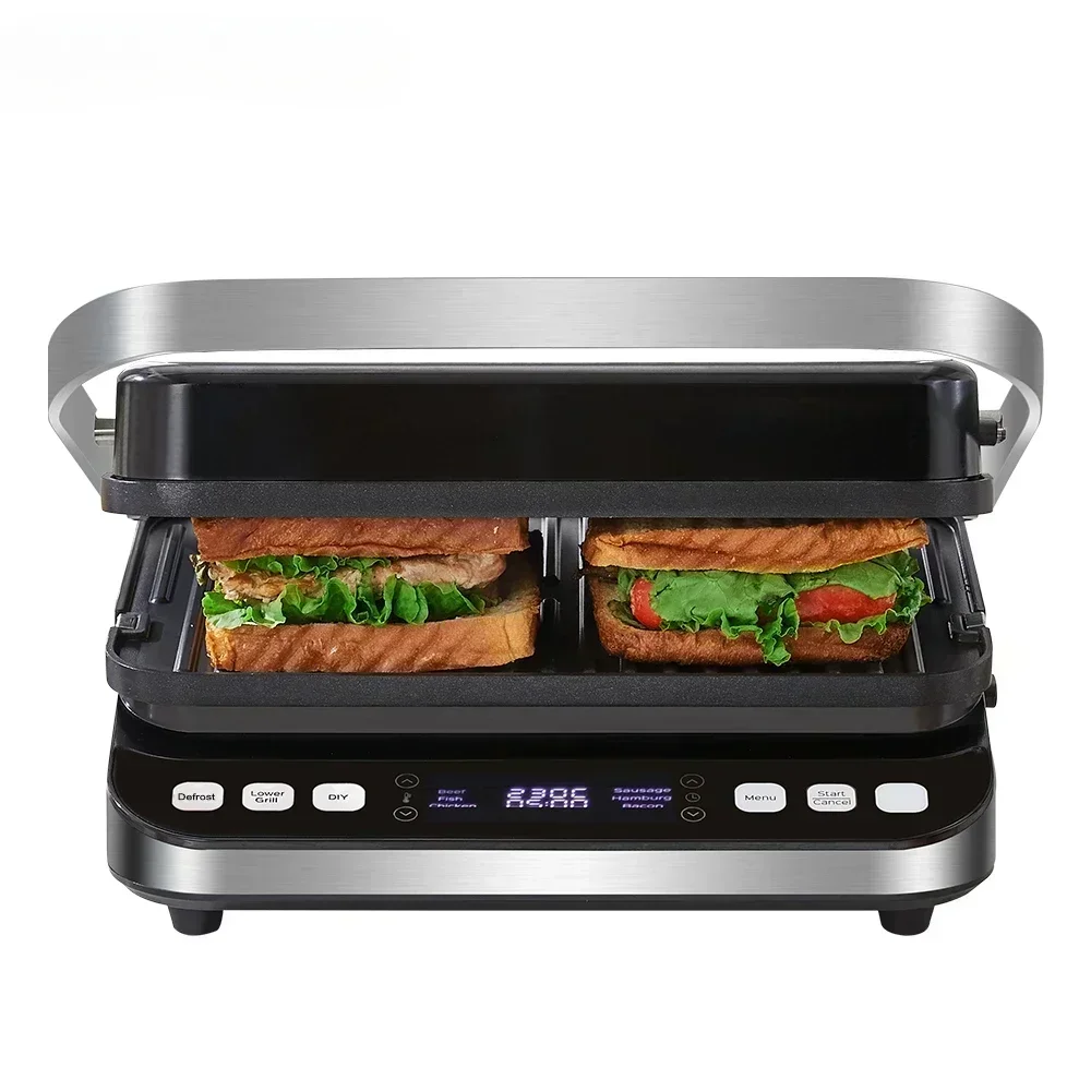 2000W 6-in-1 electric grill. For barbecue, digital griddle, sandwich/Panini press. Optional waffle plates.