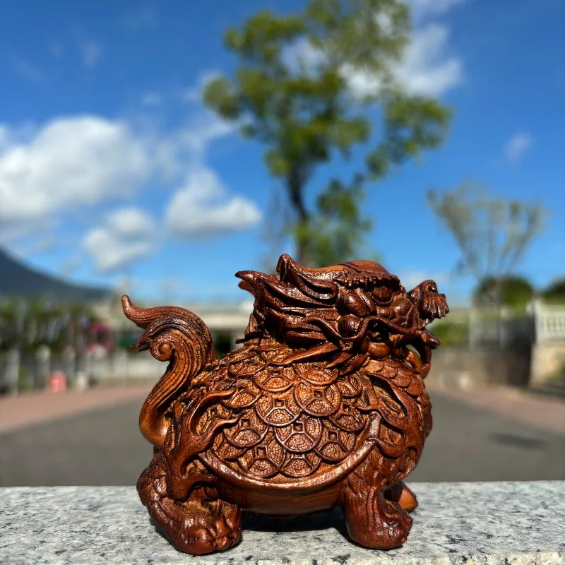 Hand-Carved Jujube Wood Dragon Turtle Statue - 3.9