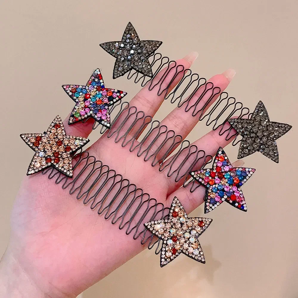 3pcs Rhinestone Stars Broken Hair Finishing Artifact Back Head Hair Fixed Clip Invisible Hairpin Spice Girls Headband Headdress