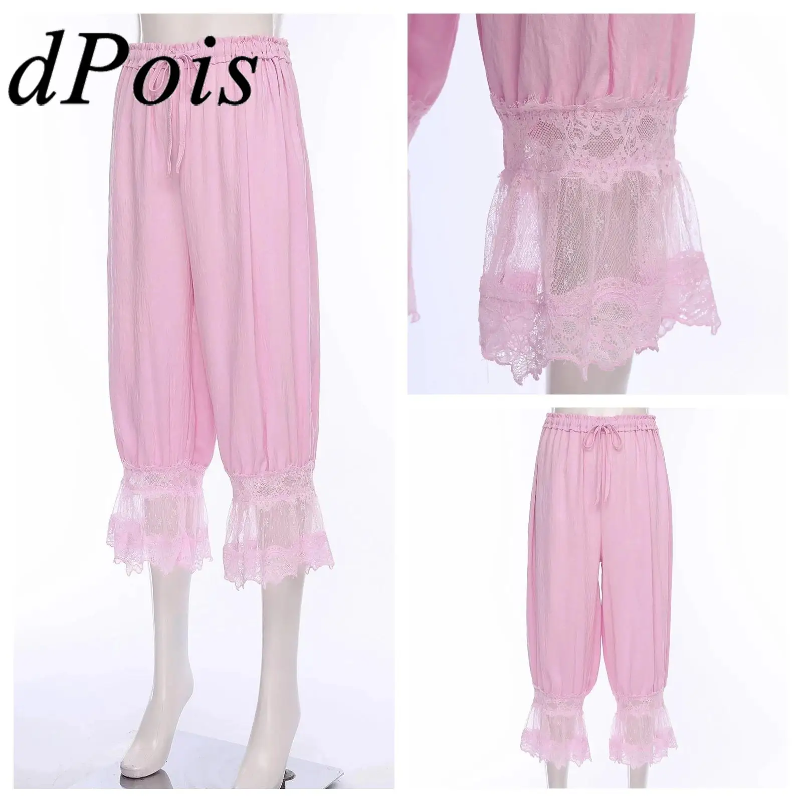 

Fashion Women Calf-Length Patchwork Lace Bloomers Loose Fit Pyjama Trousers Cropped Pants Drawstring Home Leisure Wear Clothes