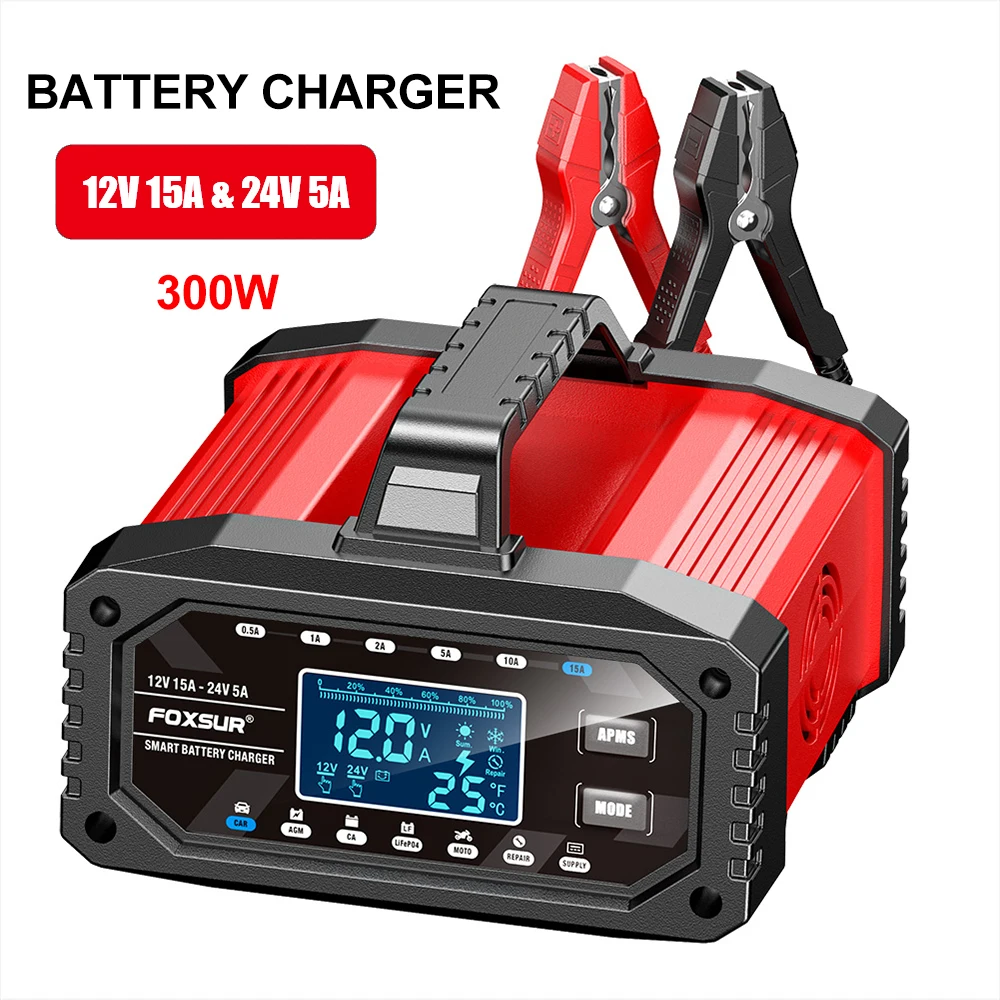 

Зарядное устройство для автомобильных аккумуляторов 300 Вт, 12 В/24 В, для мотоциклетных свинцово-кислотных аккумуляторов, интеллектуальное импульсное восстановление, обслуживание, ЖК-дисплей