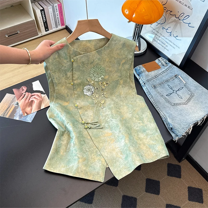 2026 Autumn New Chinese Style Embroidered Flower Women's Jacket Stand Collar Side Buttoned Elegant Vest Top