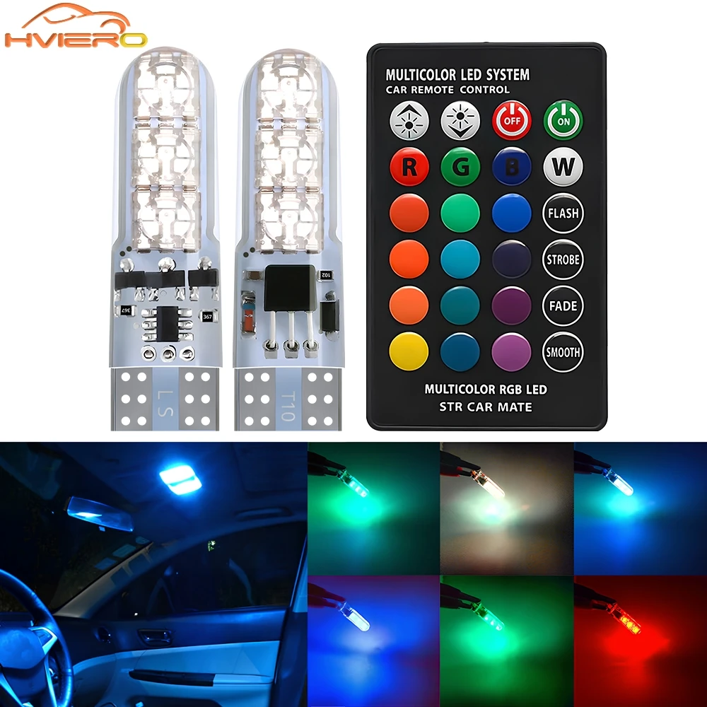 2X RGB Car Led T10 W5W 6SMD Silicone Turn Signal Lamp decoration 12V for Door Reading Dome Interior Lighting with Remote Control