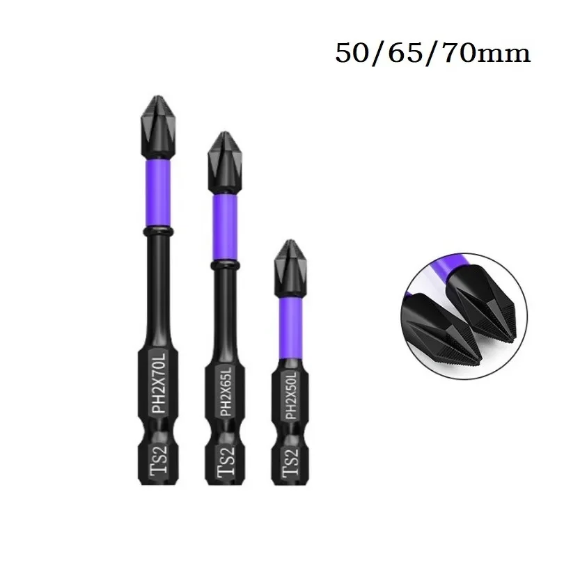 3Pcs Magnetic Screwdriver Bit PH2 Non-slip Cross Batch Head Impact Drill Bit 50/65/70mm For Electric Driver Power Tools Parts