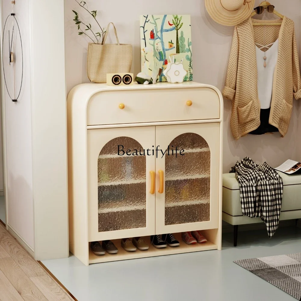 

yj7 Cream style shoe cabinet household door home storage cabinet integrated against the wall shoe rack