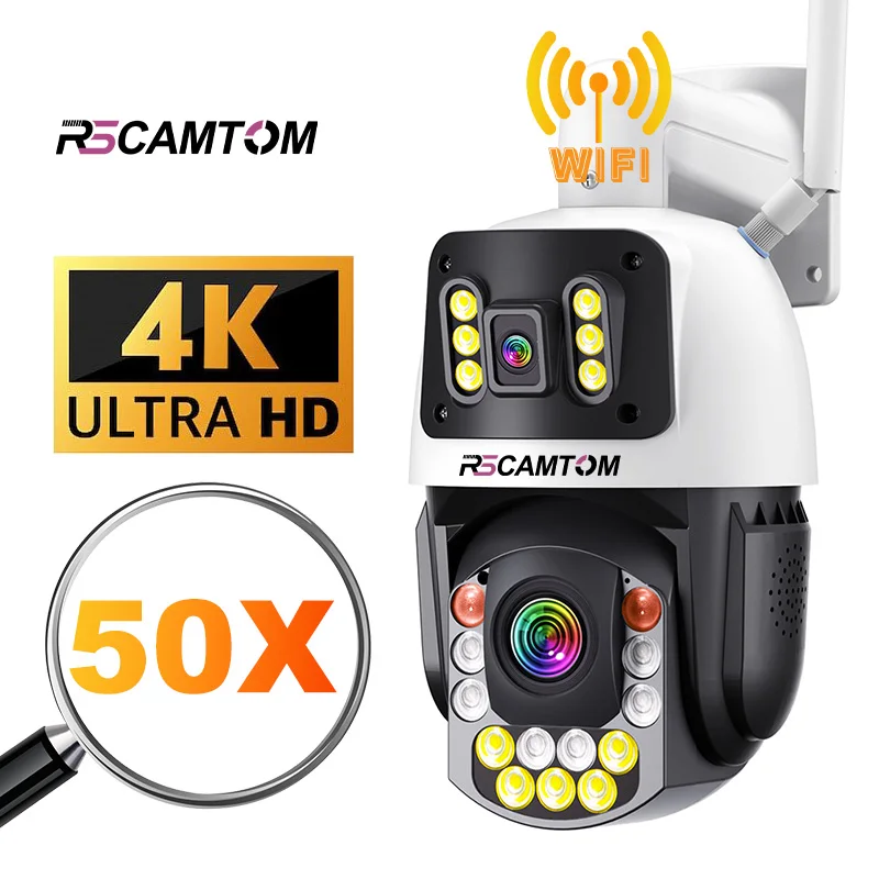 Rscamtom 4K Ultra HD 50X Zoom 4G WIFI Outdoor Network Camera Night Vision 128G SD/Memory Card CCTV Security Two-Way Audio