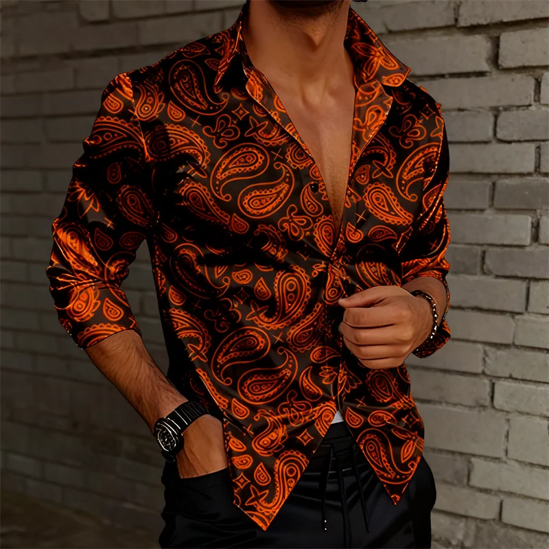 New Men's Paisley Ethnic Flower Shirt Long Sleeve Retro Holiday Wear Folding 3D Printed Button Shirt