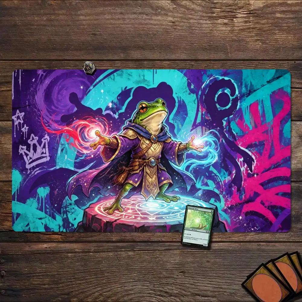 Graffiti Fantasy Frog Wizard Mage TCG Playmat 35X60CM Magic Card Battle Mat Non-Slip Durable Stitched Edge Tabletop Playmat