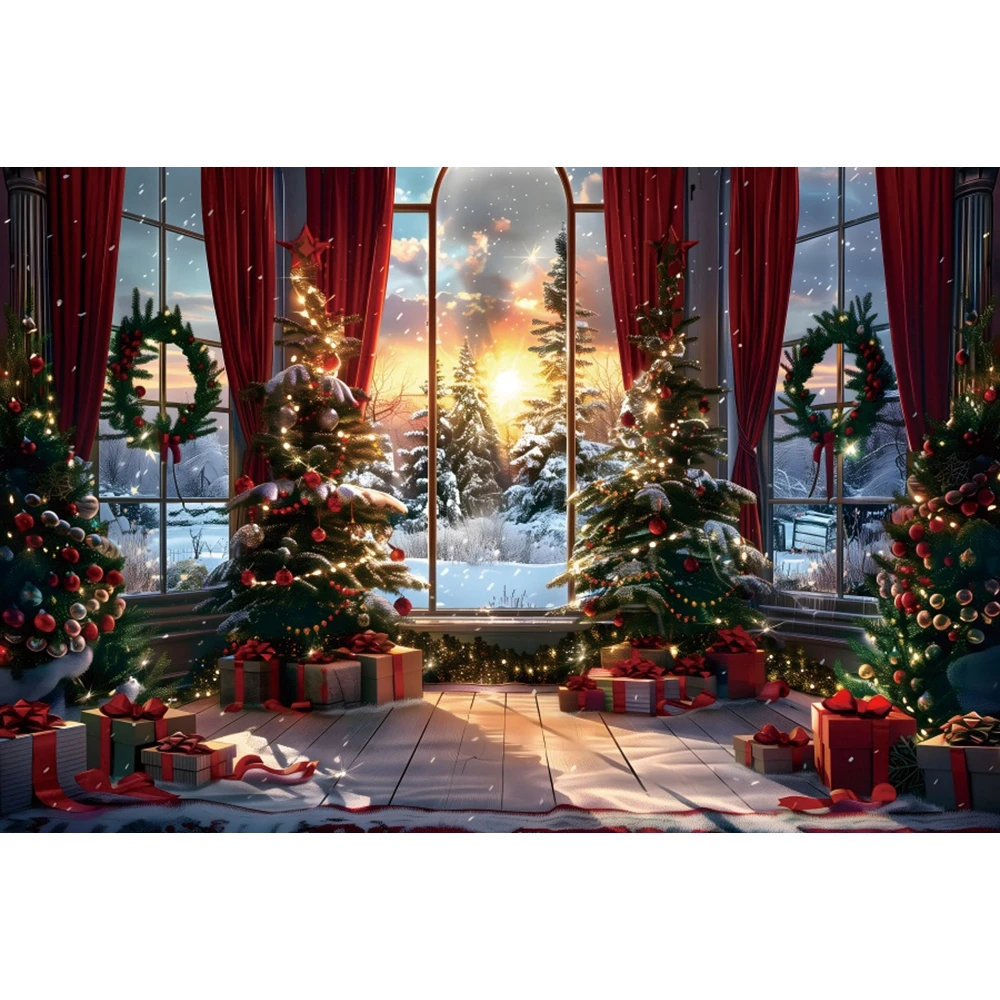 Christmas Photography Backdrop Winter Xmas Tree Fireplace Gifts Red Curtain Window Santa Claus Child Birthday Photo Background