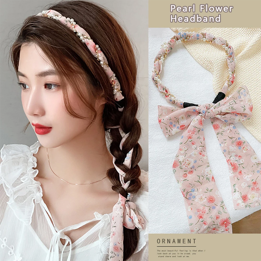 Pearl Diamond Flower Hair rope Women Forest breath Hairband Girls Retro Chiffon Weaving Make up Horsetail streamer Headband FD93