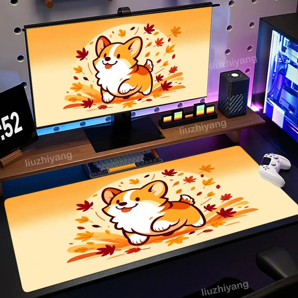 แผ่นรองเมาส์ลายคอร์กี้น่ารัก ขนาดใหญ่ สำหรับคอมพิวเตอร์ สำนักงาน เล่นเกม แผ่นรองโต๊ะ XXL ยางกันลื่น ขอบเย็บ แผ่นรองคีย์บอร์ด แผ่นรองโต๊ะยาว