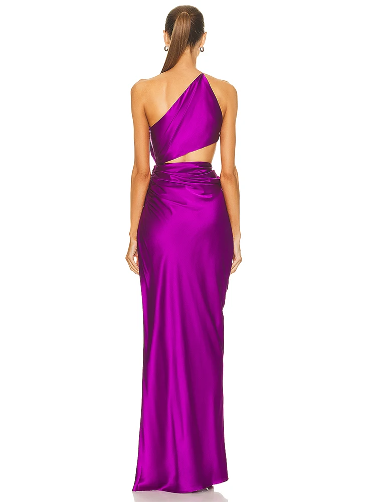 Women One-Shoulder Sleeveless Slit Long Dress Sexy Purple Slanted Neck High Split Slim Dress Summer Celebrity Party Club Dresses