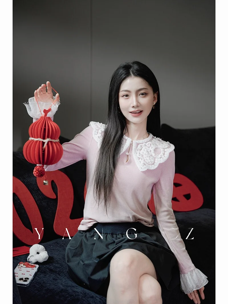 

New Chinese Sle Knitted Mixed Fabric Base irt Women's Doll Collar Top YANG GZ Original Design Loose Fit Long Sve