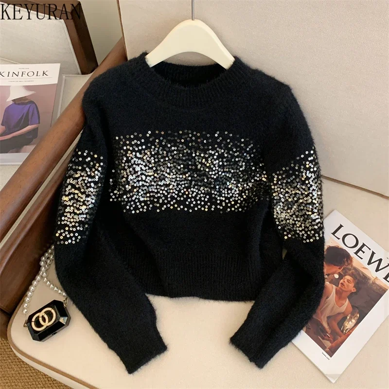 Sequins Pullovers Sweater Women\'s Autumn Winter Korean Style O-Neck Long Sleeve Khaki Short Mohair Sweaters Jumpers Pull Femme