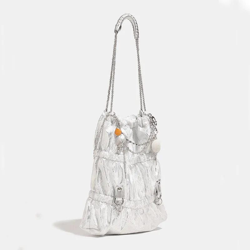 

New women's fashionable shell pendant waist chain decorative splicing lace bucket bag niche design capacity single shoulder chai