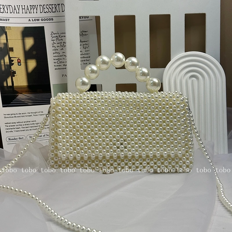 

High Quality White Pearl Party Versatile Vintage Flap Pockets Girls Crossbody Bags Handmade Pearl Beaded Luxury Designer Handbag