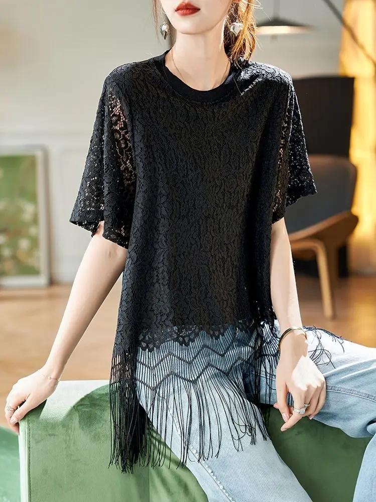 

Новая летняя свободная тонкая рубашка с круглым вырезом и вышивкой на крючках, с бахромой и кисточками, закрывающая живот, универсальная кружевная рубашка