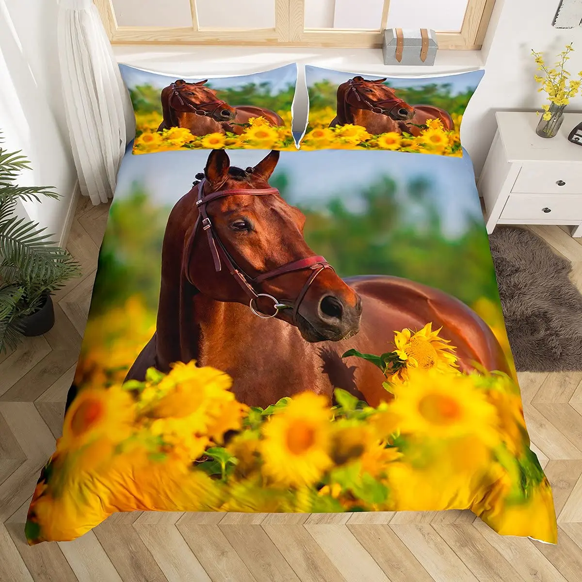 

3D Horse Duvet Cover King Queen Size Yellow Sunflower Bedding Set Floral Animal Theme Quilt Cover Wildlife Soft Comforter Cover