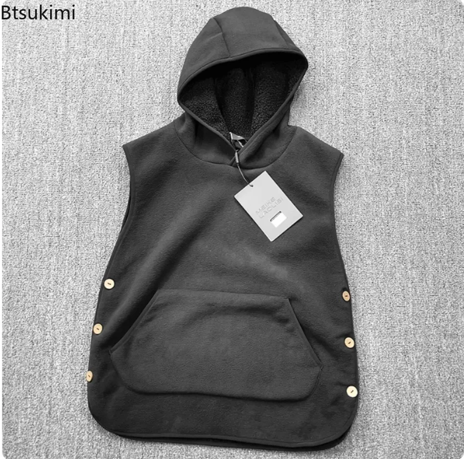 2025 Winter Men's Sleeveless Vests Soft Comfortable Fleece Thicken Hooded Solid Color Casual Loose Warm Simple Male Waistcoat