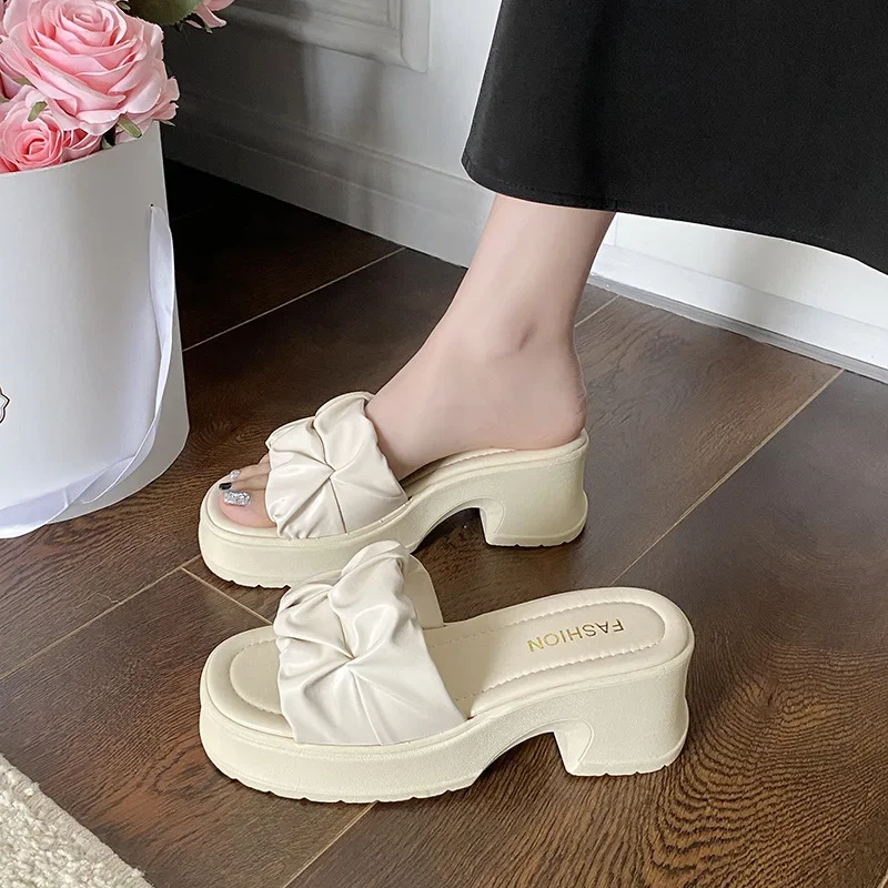 Ladies Shoes on Sale 2024 New Fashion Square Toe Anti-wrinkle Women's Slippers Summer High-heeled Casual Women Fish Mouth Shoes