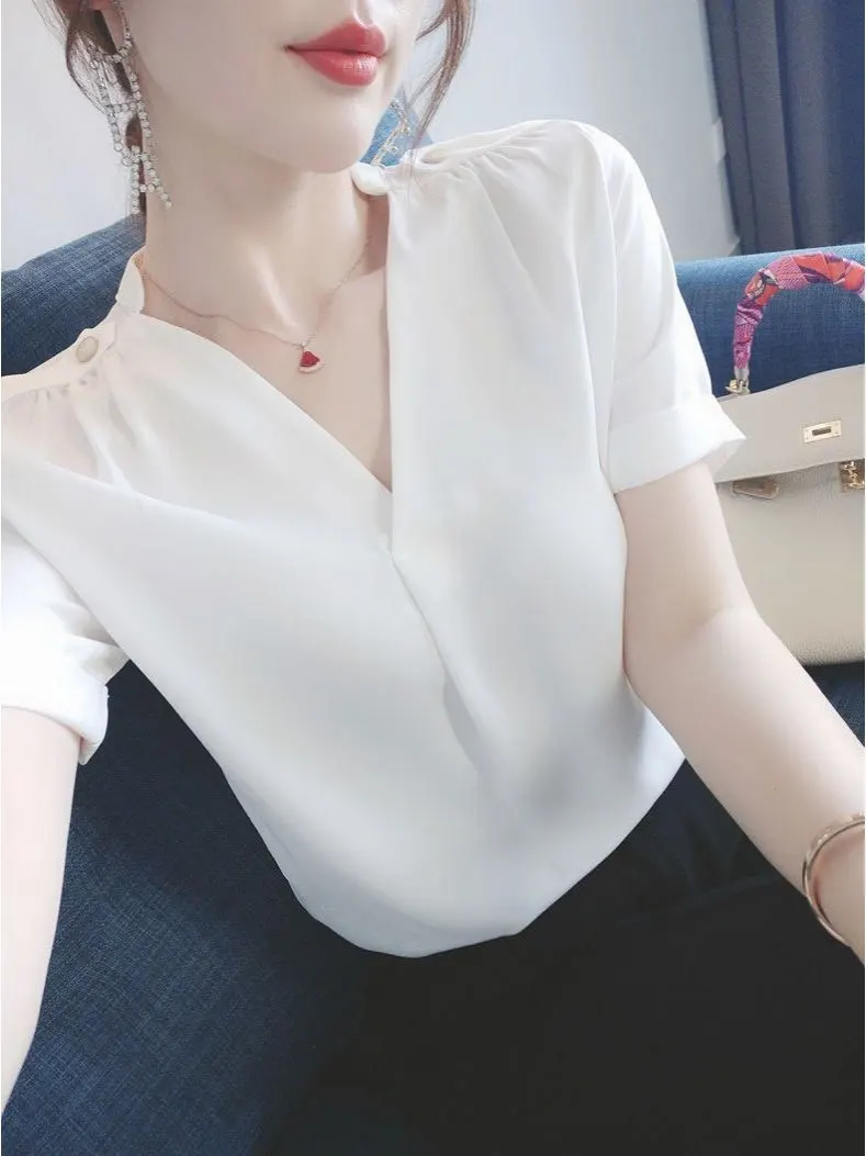 

White V-Neck Chiffon Shirt Women's Loose Short Sleeve Summer plus Size Thin Design Sense Shirt Top