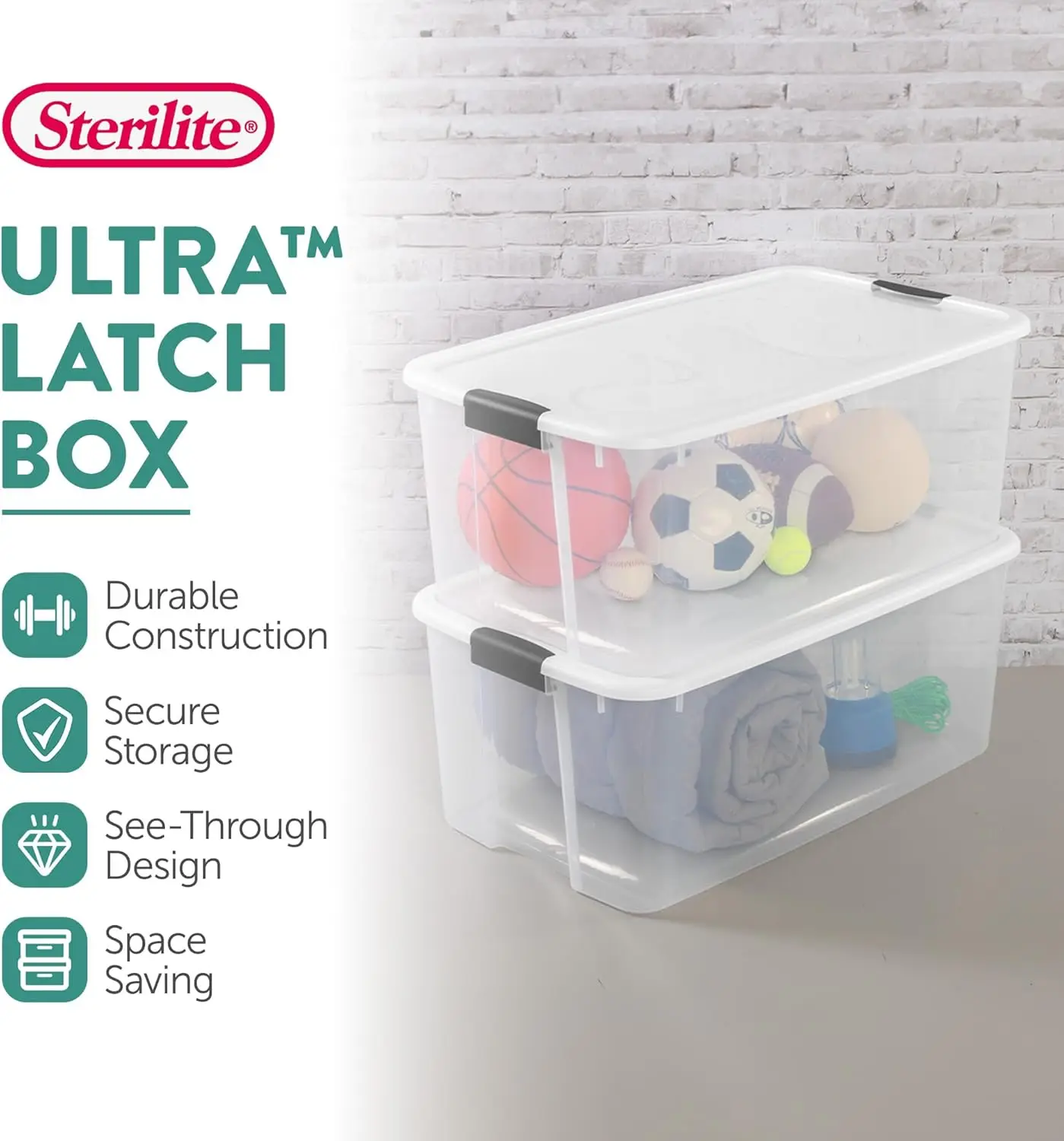 صندوق مزلاج Ultra Sterilite 116 Qt، صندوق تخزين قابل للتكديس مع غطاء، حاوية بلاستيكية مع مزالج شديدة التحمل للتنظيم، شفافة