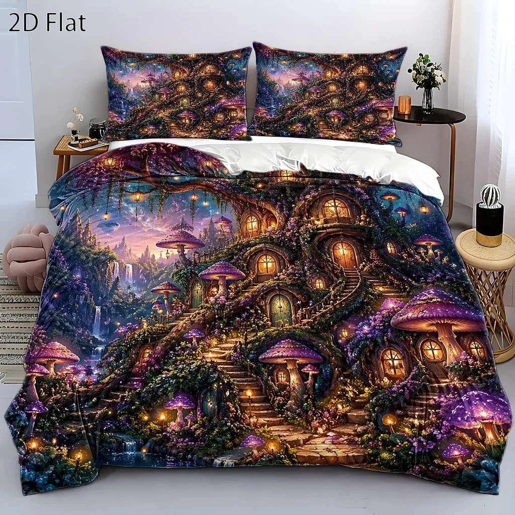 3Pc Dreamy Forest Treehouse Mushroom Castle Duvet Cover Set, (1*Duvet Cover + 2*Pillowcases) Three-Piece Bedding Set, Suitable for All Seasons, Machine Washable, Invisible Zipper Design, Large Double Bed Cover, Suitable for Home, Dorm, Master Bedroom, Guest Room, Fairy Tale Style Fantasy Print, Magic Forest Theme, Cozy and Romantic Atmosphere, Comfortable Skin-Friendly Fabric, Highly Decorative