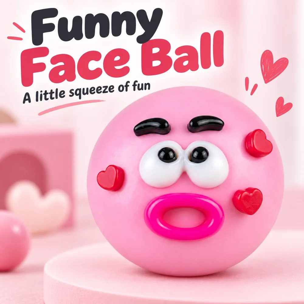 Funny Face Squishy Ball Pink TPR Squeeze Toy with Big Eyes and Heart Details Playful Desk Fidget Companion Cute Gift for Adults