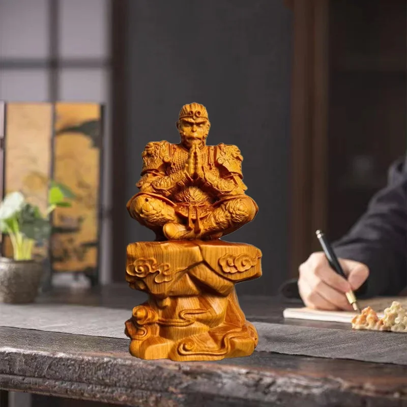Black Myth Wukong Wooden Statue Hand Carved Monkey King Figurine Feng Shui Decor Desk Ornament Home Office Tabletop Chinese Gift