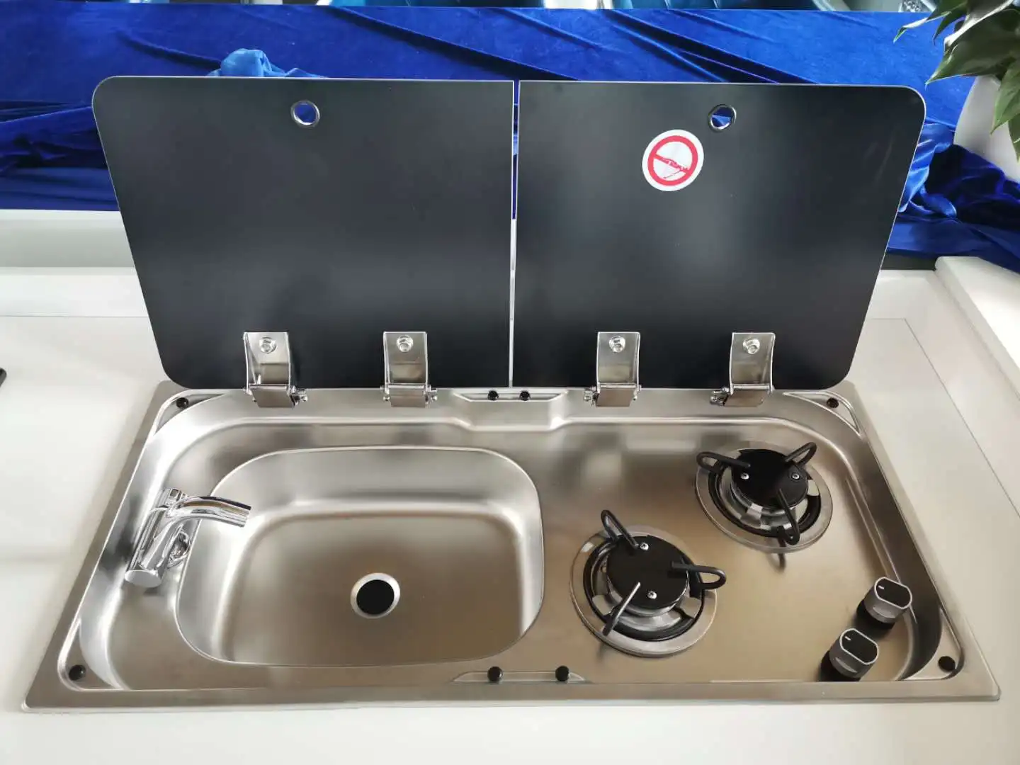 Stainless steel two burner gas stove and sink combination unit with safety glass lid for RV caravan motorhome GR-904L GR-904R