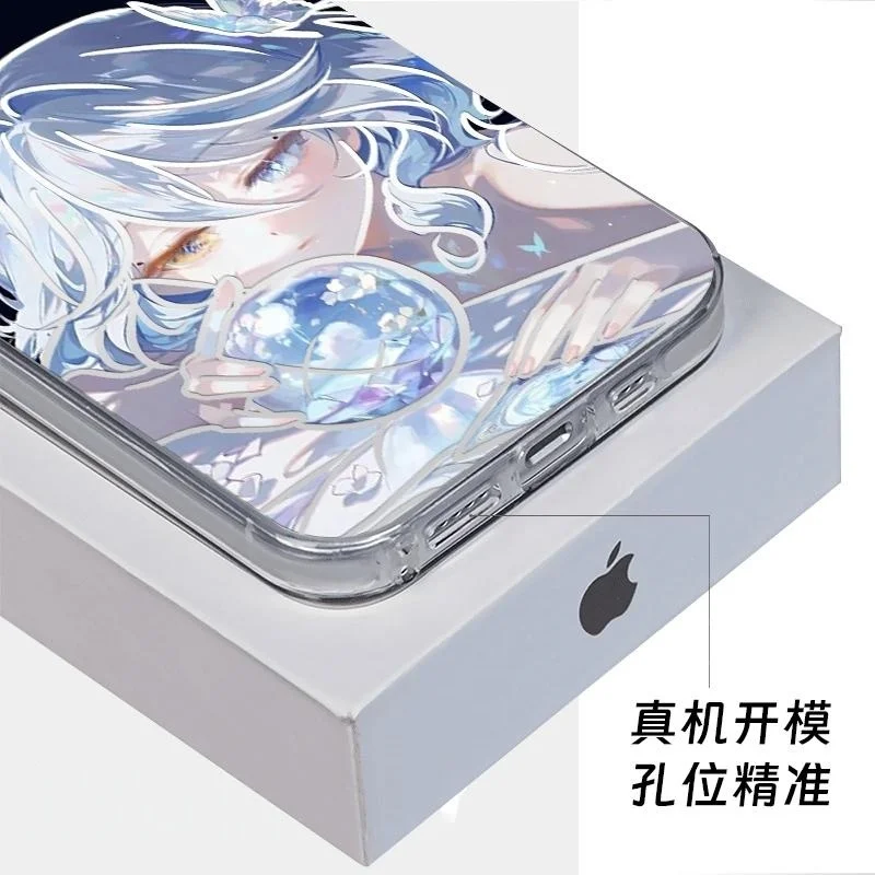 Furina menina focalors bola de cristal caso telefone para iphone 11 12 13 14 15 16 17 pro max plus ar mini genshin impacto capa traseira