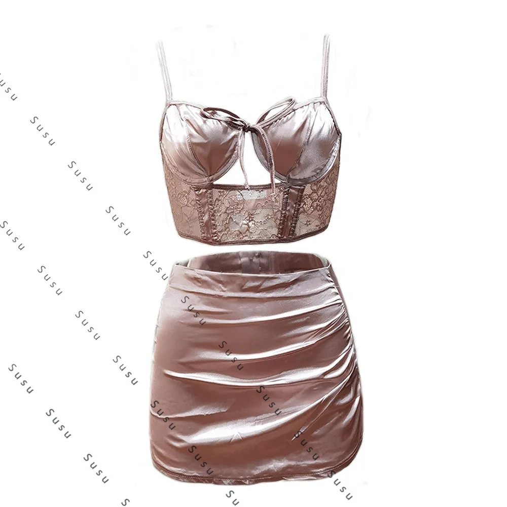 

Foreign trade new Spice Girl two-piece set, sexy underwear, European and American summer tight pleated hip skirt, fish bone tube