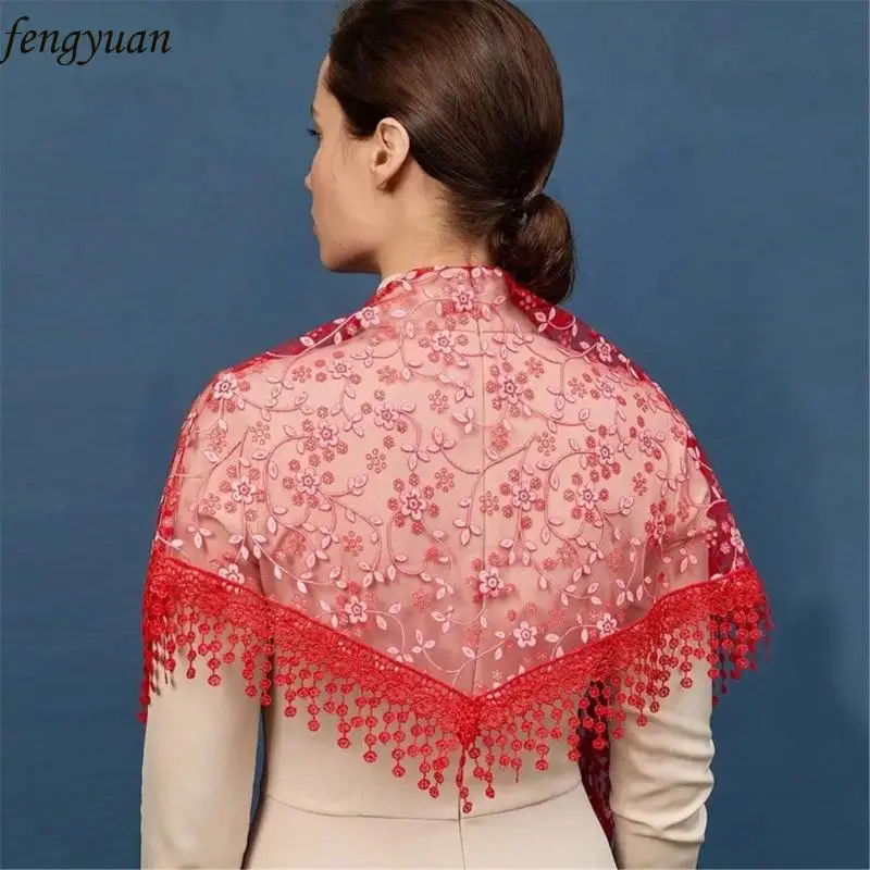 

B2QE Sheer Lace Flower Head Scarf Popular Tassels Headwrap for Women Music Festival