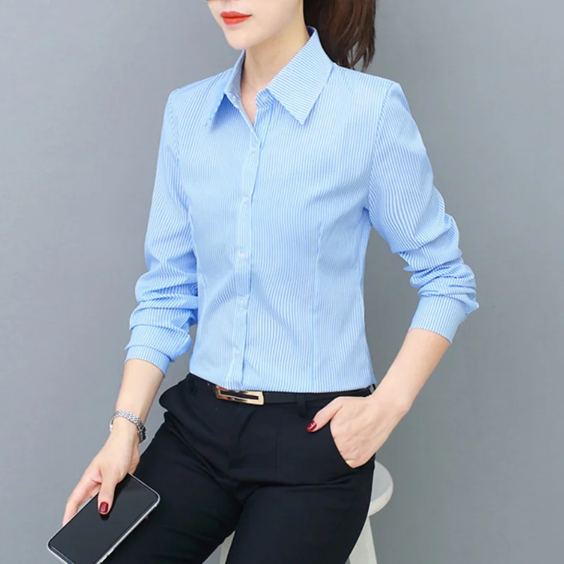 

Blue Striped Women Shirts Blouses Turn-down Collar Long Sleeve Blouse Button Up Shirt Office Lady Basic OL Fashion Dress Shirts