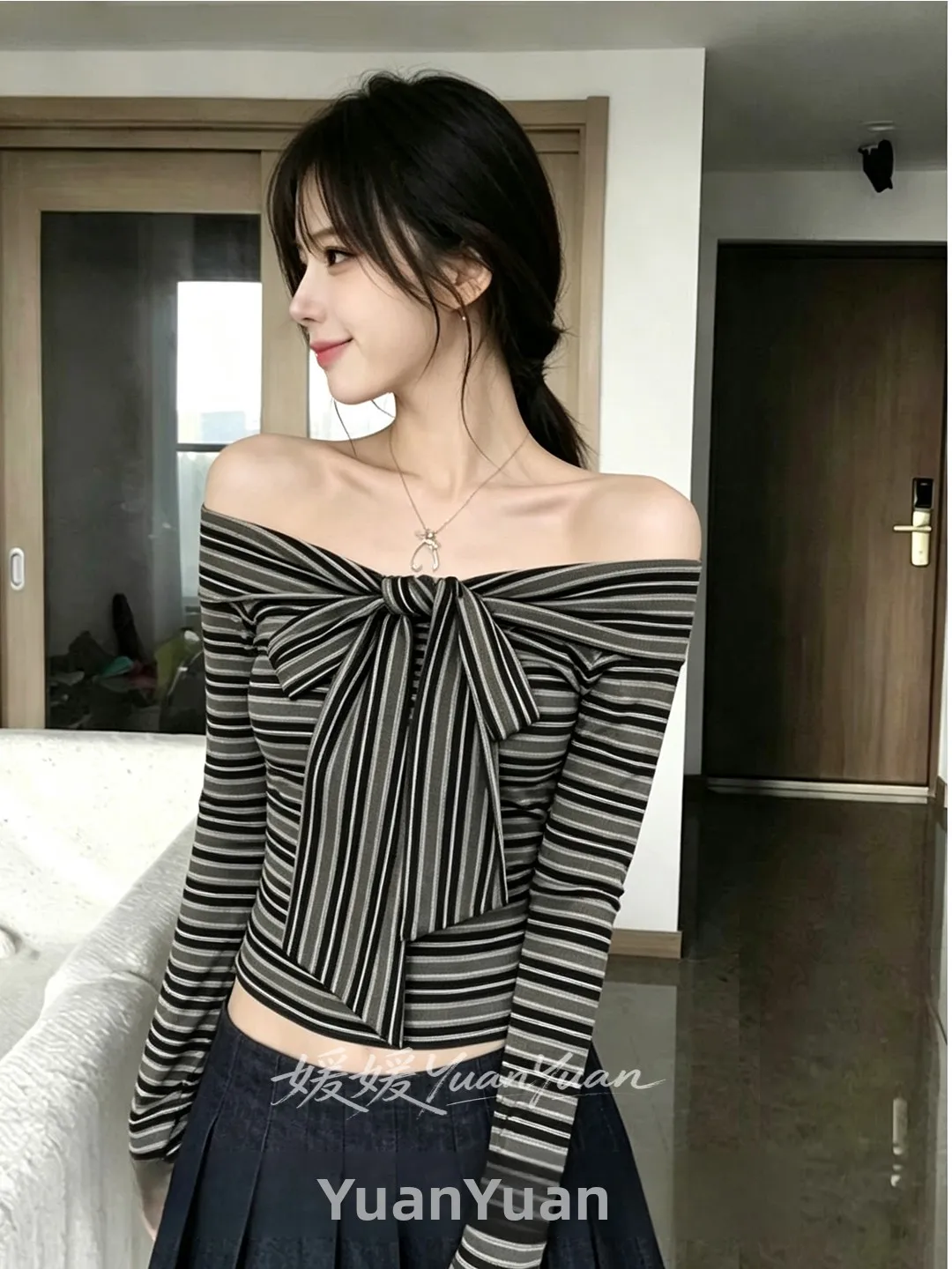 French Style Slim Fit Long Sleeve Knitted Top Women's Spring Autumn Striped Shoulder Bared Knot Design Breathable Comfortable