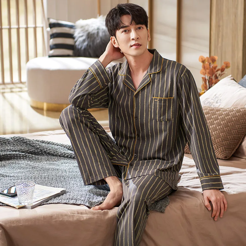 Autumn Men Pajamas Sets Striped Fashion Cotton Male Pyjamas Two Pieces Cardigan Shirts + Pants Nighties Big Yards 3XL Sleepwear