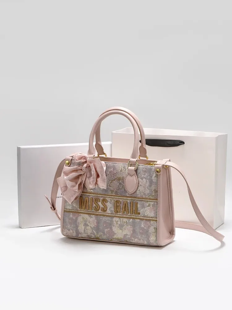 

Pink and Luxury Tote Bag with Charming Decoration Embroidery and Scarves Women's Popular and Versatile Shoulder Crossbody Bag