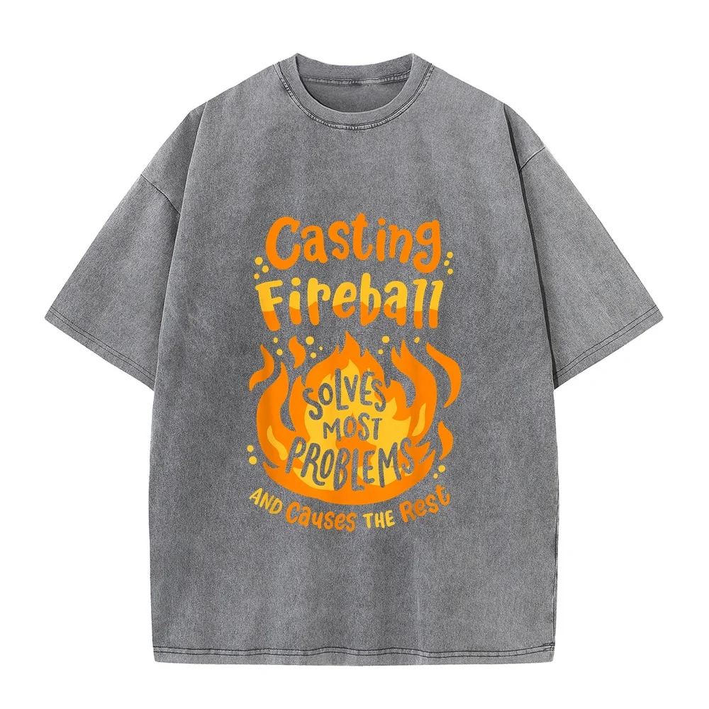 Funny RPG Gamer Nerdy Casting Fireball Solves Most Problems T-Shirt Short Sleeved For Men Clothes Anime Sleeve Cotton T Shirt