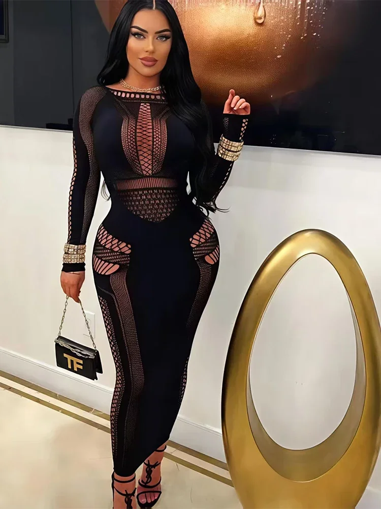 女性のセクシーなメッシュドレス長袖中空アウトシースルーボディコンミディドレススリムフィットパーティークラブナイトアウトドレス