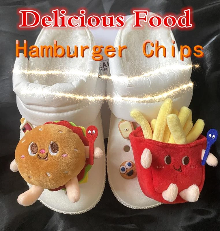 

Delicious Food Hamburger Chips Plush Accessories Lovely Hot Shoe Charms Cute Adornment for Clogs Sandals Ins Popular Decoration