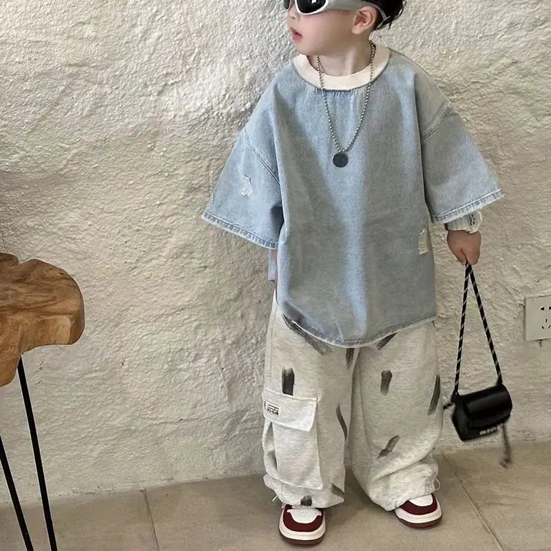 

Children's Wear Boys' Summer Cowboy Set 2025 New Summer Sportswear Medium and Large Children's Fashion Two piece Set