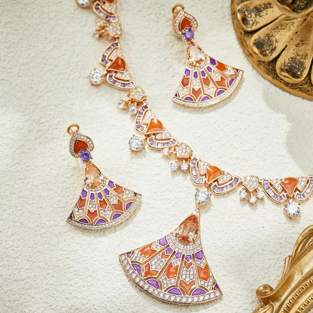 AY New Luxury Fashion Elegance AAA Zircon Fan-shaped Drop Orange Oil Necklace Earrings For Women Lady Wedding Party Jewelry Set