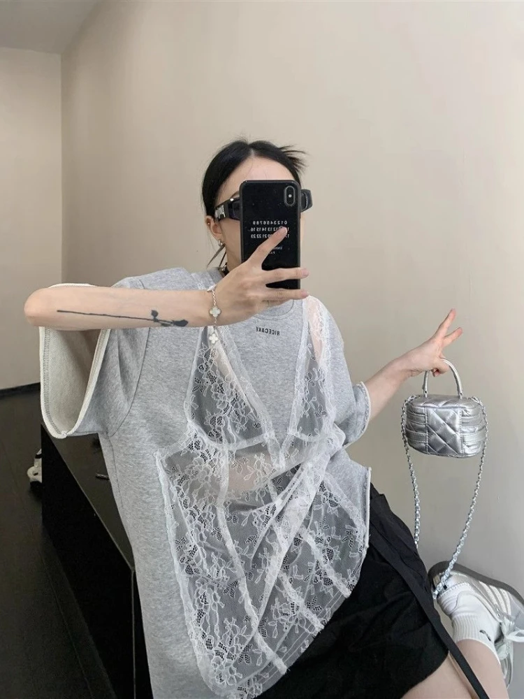 Lace Oversized Vintage Cut Out Sheer T-shirt 4XL New Women T-shirts Loose Short Sleeve Niche Design Fashion Y2k Top for Girls