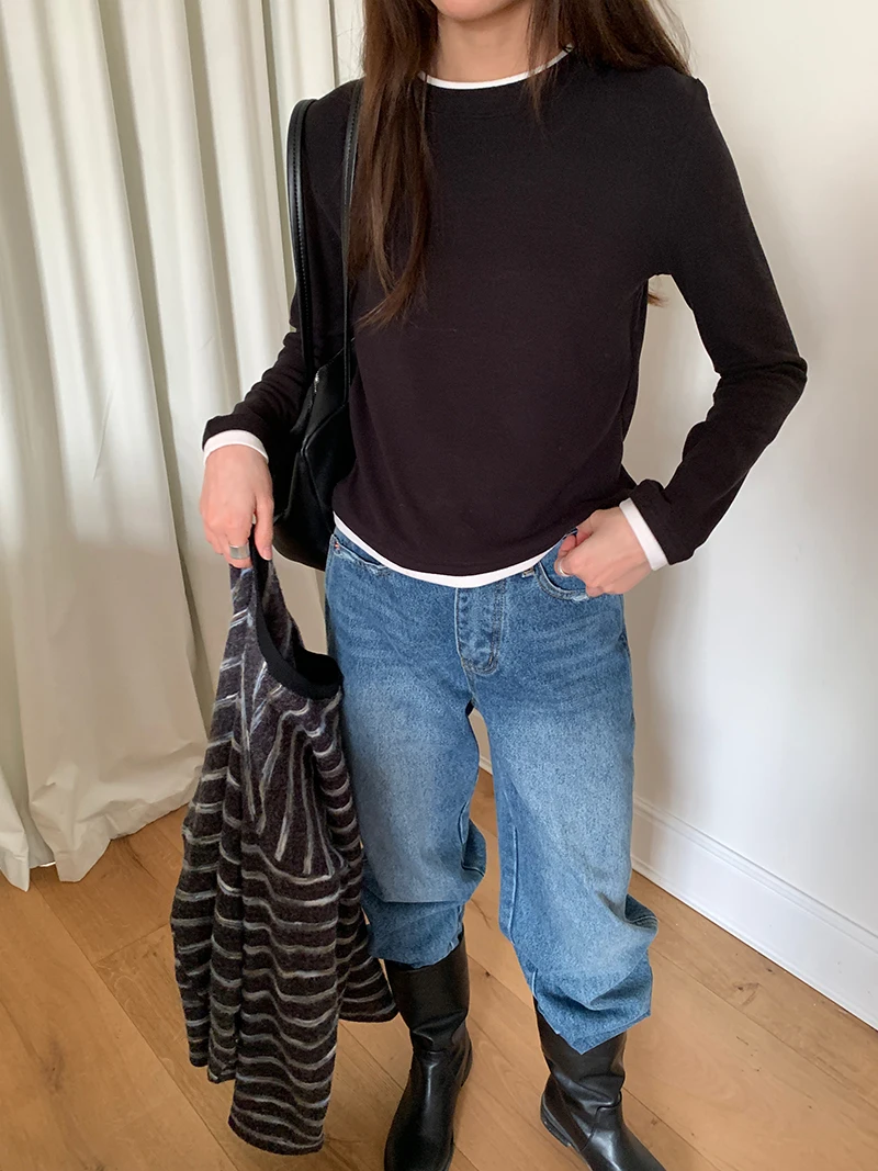 

Women's casual solid color round neck long sleeved cashmere double-sided contrasting splicing T-shirt