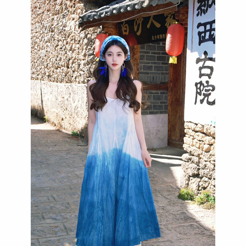 Blue Tie-Dyed Sling Dress Women's Summer 2024 New Holiday Long Skirt French Style Temperament High-Grade