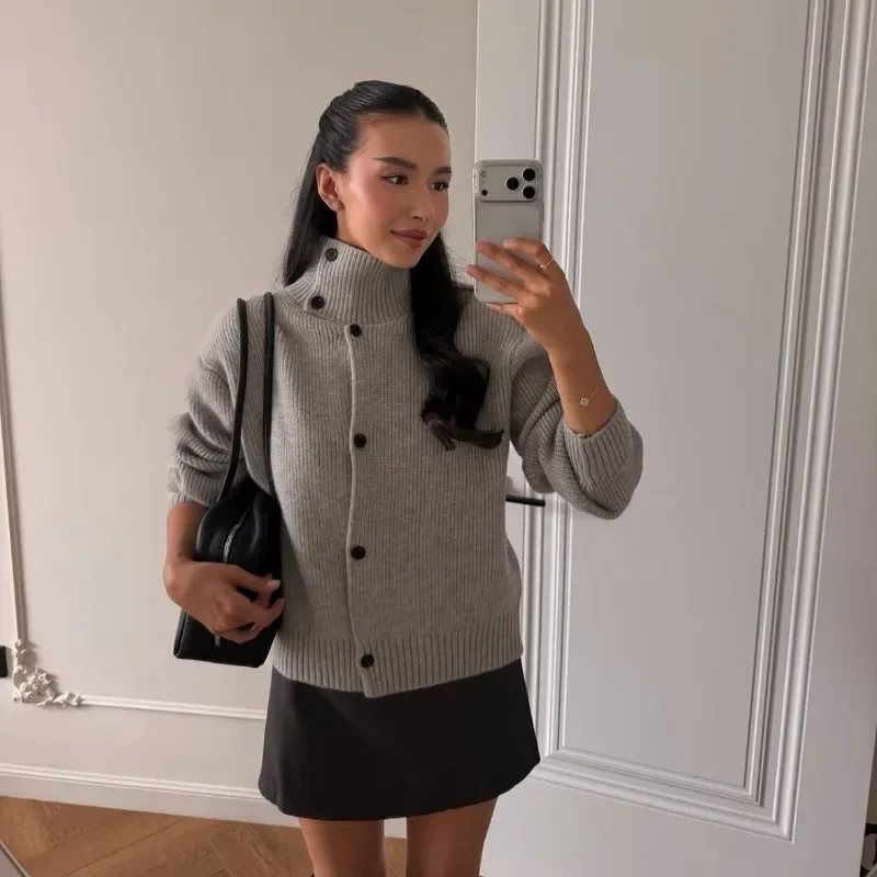 High Collar Knit Cardigan Button Design Sweater Coat Casual Loose Long Sleeve Pullover for Autumn Winter Daily Wear
