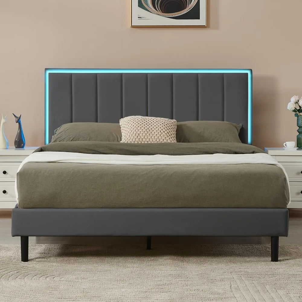 full bed frame with led lights, upholstered bed frame with adjustable headboard, channel tufted velvet fabric, metal slats suppo