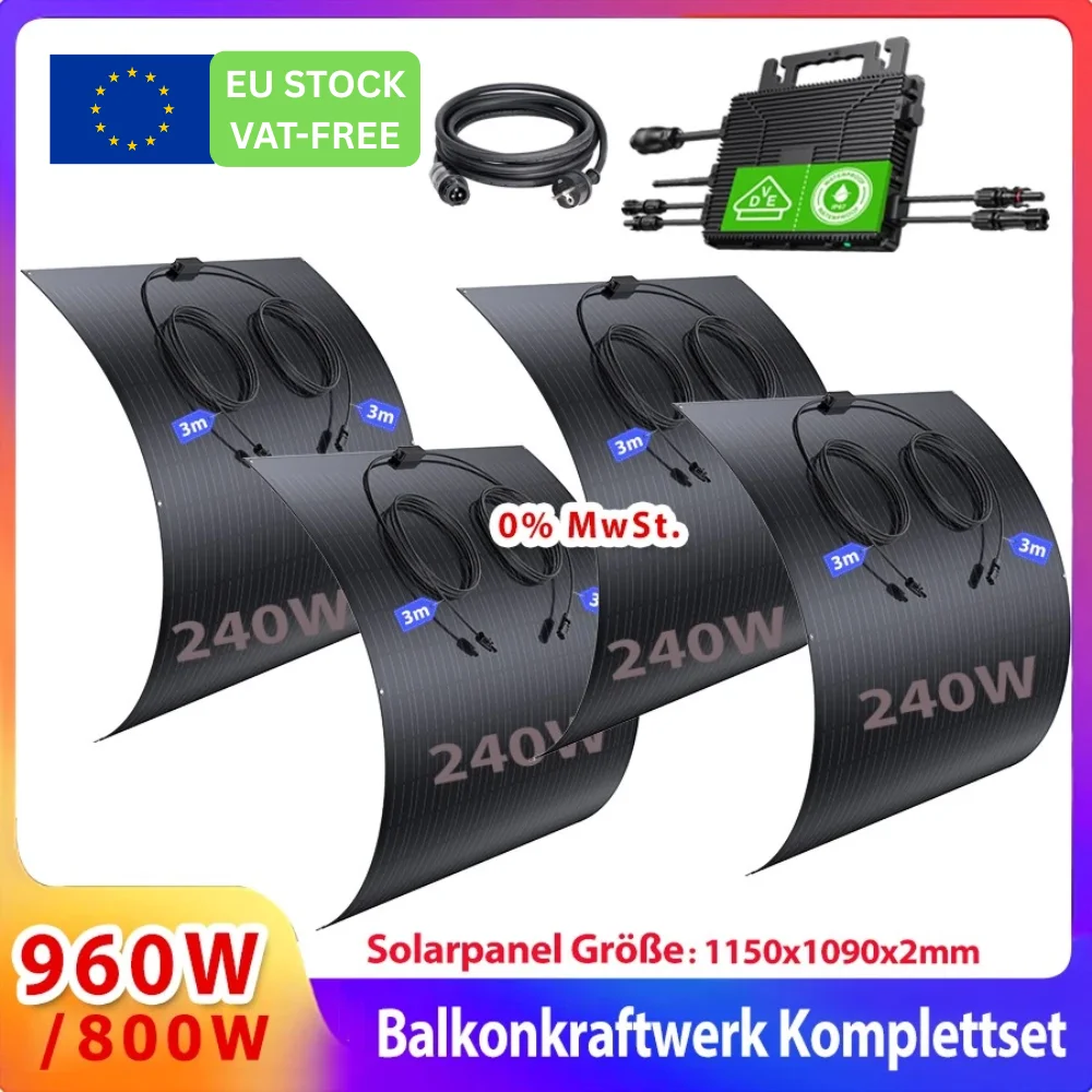 960 W Balkon-Solarset (4 × 240 W), flexible Monopaneele, 800 W Mikro-Wechselrichter, WLAN, IP67 netzunabhängig für Wohnmobil/Boot/Zuhause
